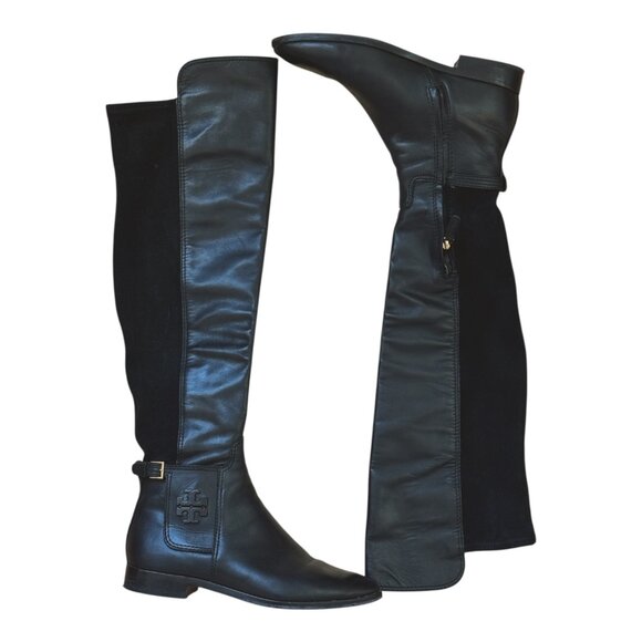 Tory Burch Wyatt Boots Over the Knee 7.5 Black Leather OTK Stretch Back - Picture 3 of 10